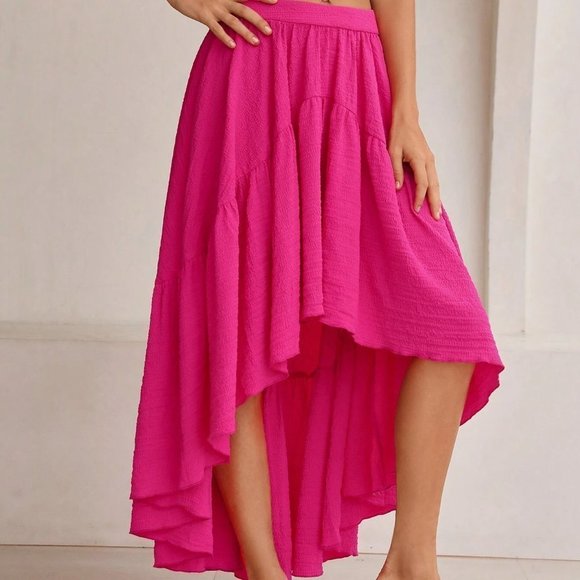 Pink Boho Womens Solid High Low Ruffle Hem Skirt - Picture 5 of 5